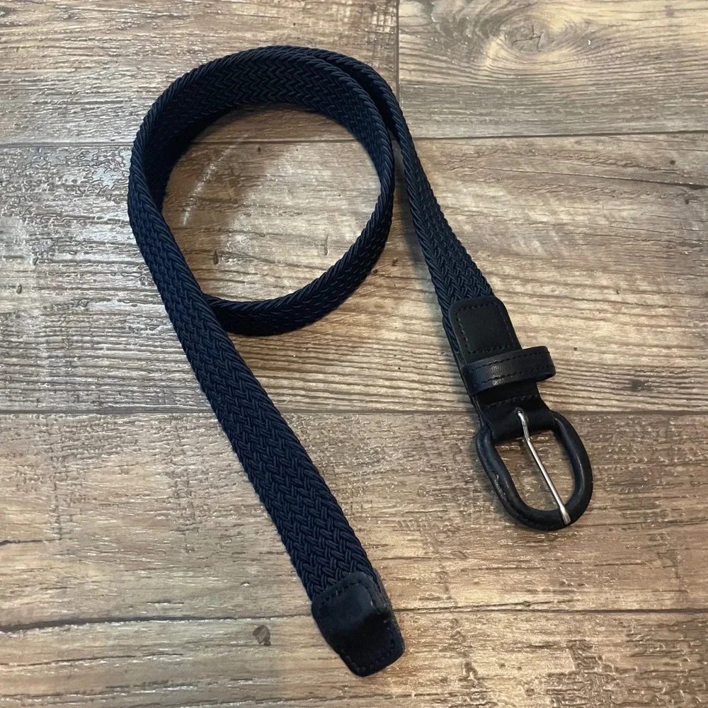 Vintage‎ Navy Blue Braided Elastic Stretch Belt Leather Buckle USA M 34-36